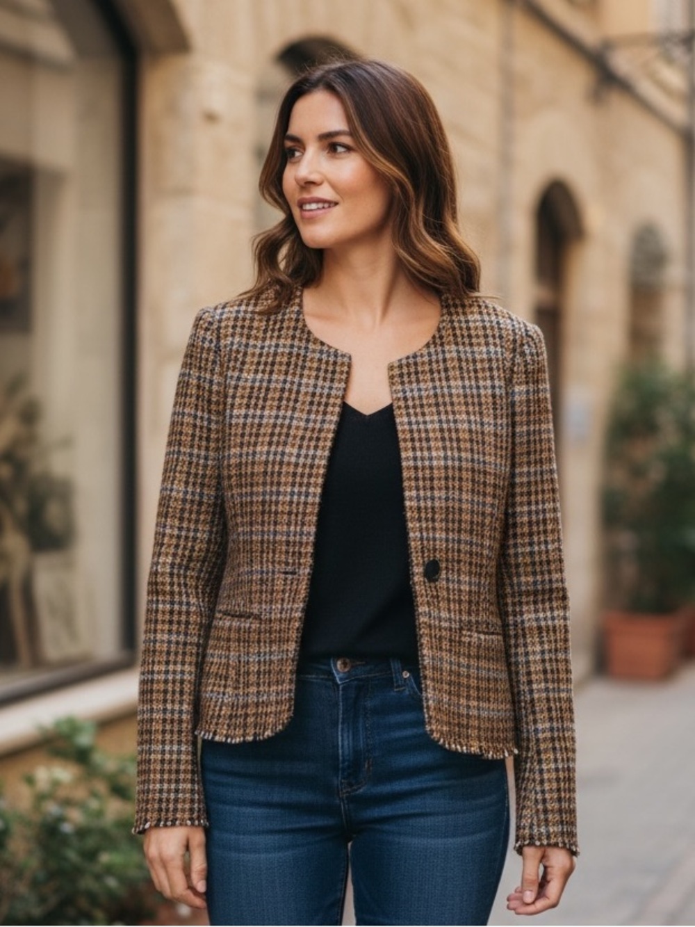 Isabel Marant Brown Checked Collarless Tweed Blazer - Size 44/ 12-14